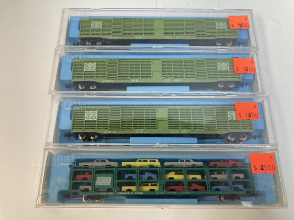 Atlas Penn Central N Auto Transporter N Scale (3104) & 3x ALPX 88 "F.F." 85 Ft HI-C. Stockcar (3123)