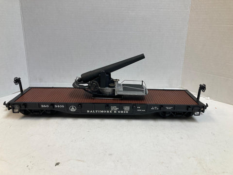 G Scale Flatcar “Baltimore & Ohio #8408” w/ Custom Metal Cannon Load – Functional Gears & Cranks