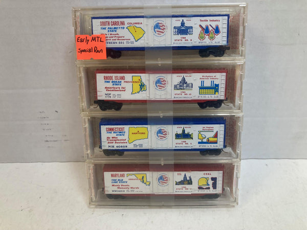 Kadee Micro-Trains Bicentennial 50’ Boxcar 4-Pack – SC 38110, RI 38030, CT 38020, ML 38060 – N Scale LNIB