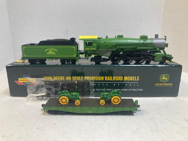 John Deere HO Scale Steam Locomotive & Tender + 40′ Flat Car w/ 2 John Deere GP Tractors – Good Cond., Runs Great, DCC-Ready