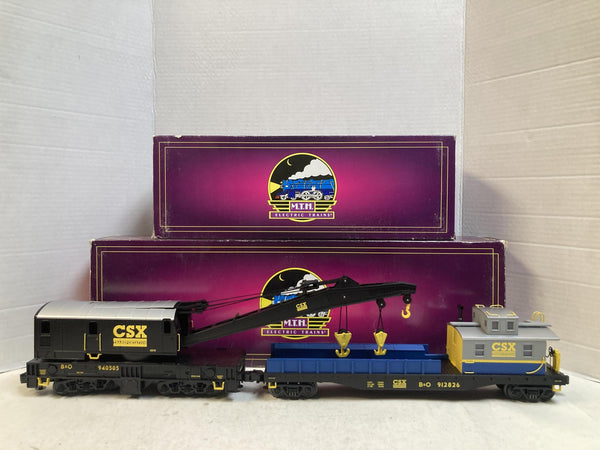 MTH Premier O Scale CSX Crane Car & Crane Tender Set 20-98387 & 20-98390 Boxed