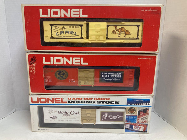Lionel Tobacco Series Boxcar Lot of 3 - Camel, Raleigh, White Owl - #7701 #7706 #7707
