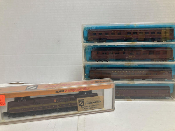 Arnold GG1 Pensylvania Tuscan N Scale w/ 4 Atlas 85' Passenger Cars: Baggage, Observation, Diner, Roomette (0275M, 2623,2651,2652,2654))