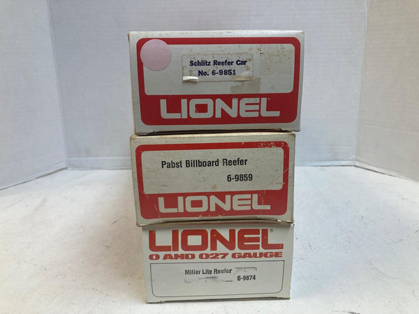 Lionel Beer Reefer Lot (3 Cars) - Schlitz, PBR, Miller Lite - 6-9851, 6-9859, 6-9874 - O Gauge