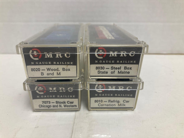 MRC N Gauge 4 Freight Car Set: Main Box, B&M Box, C&NW Stock, Carnation Milk Refrig. (8030, 8020, 7073, 8010)