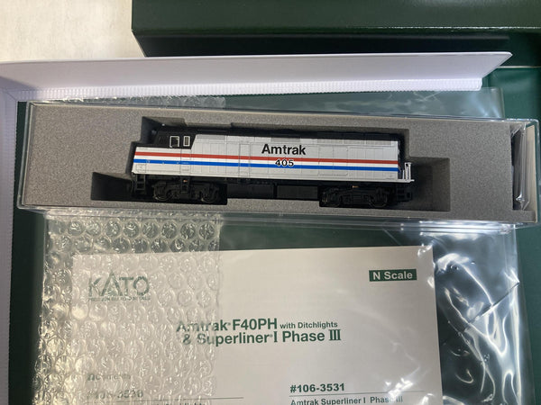 Kato N Scale Amtrak Passenger Train Set – F40PH #405 Locomotive & Superliner I Phase III 6-Car Set