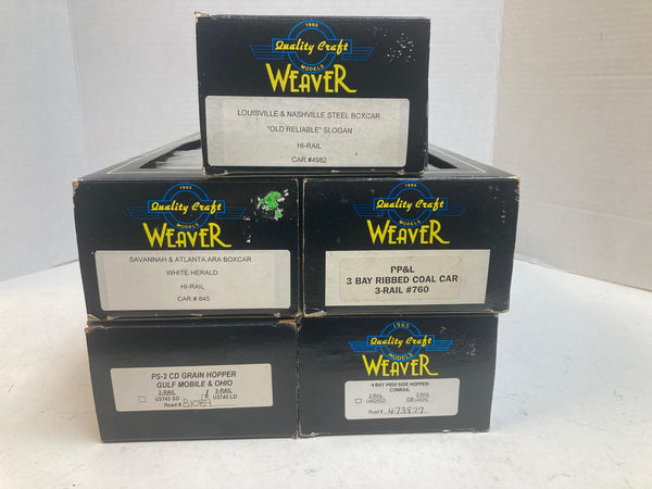 “5-Car Weaver Lot – Coal, Grain & Boxcars – Diverse Road Names – O Scale 3-Rail”