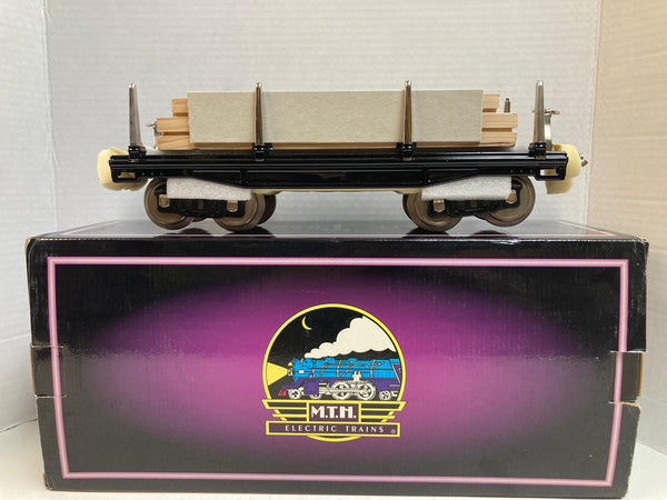 MTH Tinplate Traditions No. 211 Flat Car 10-1071 – Black w/ Nickel Trim & Authentic Wood Load – NOS