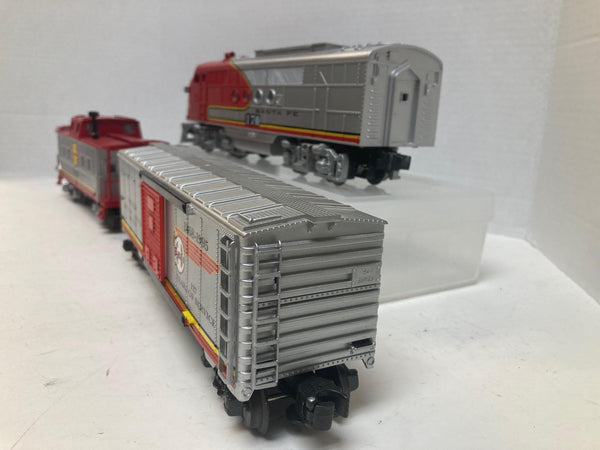 O Gauge Santa Fe Lot – Lionel 170 Loco, MTH Caboose 1604, K-Line Boxcar 6411051 – Red/Yellow/Grey