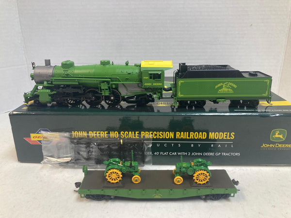 John Deere HO Scale Steam Locomotive & Tender + 40′ Flat Car w/ 2 John Deere GP Tractors – Good Cond., Runs Great, DCC-Ready