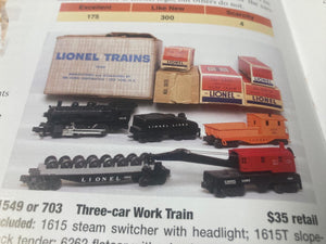 Lionel Trains Vintage 1549 Three-Car Work Train Set 1956 Serviced & Tested: 1615 Steam, Tender, Flat Car, Crane, Caboose, Track and transformer