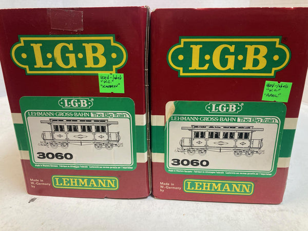 LGB 2-Car Passenger Set 3060 – Custom W.C.R.R. “Kathryn” & “April” Lettered Cars – G Scale – Excellent