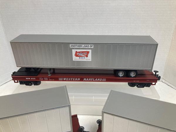 MTH Premier Western Maryland Flatcars w/ Old German Beer Trailers (3) O Scale
