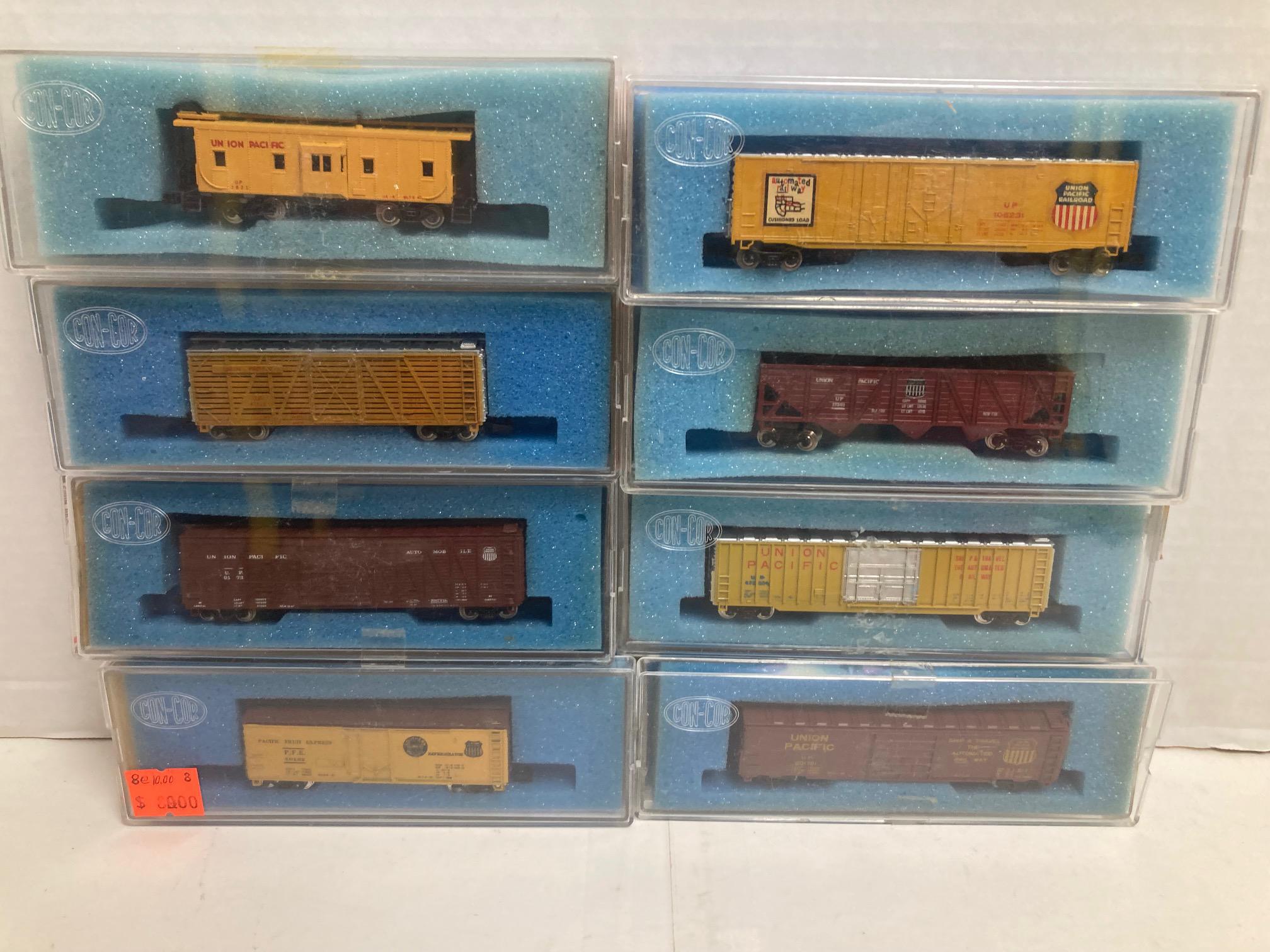 Con-Cor N Scale Union Pacific 8 Freight Car set. Includes: Caboose, 7 Freight Cars